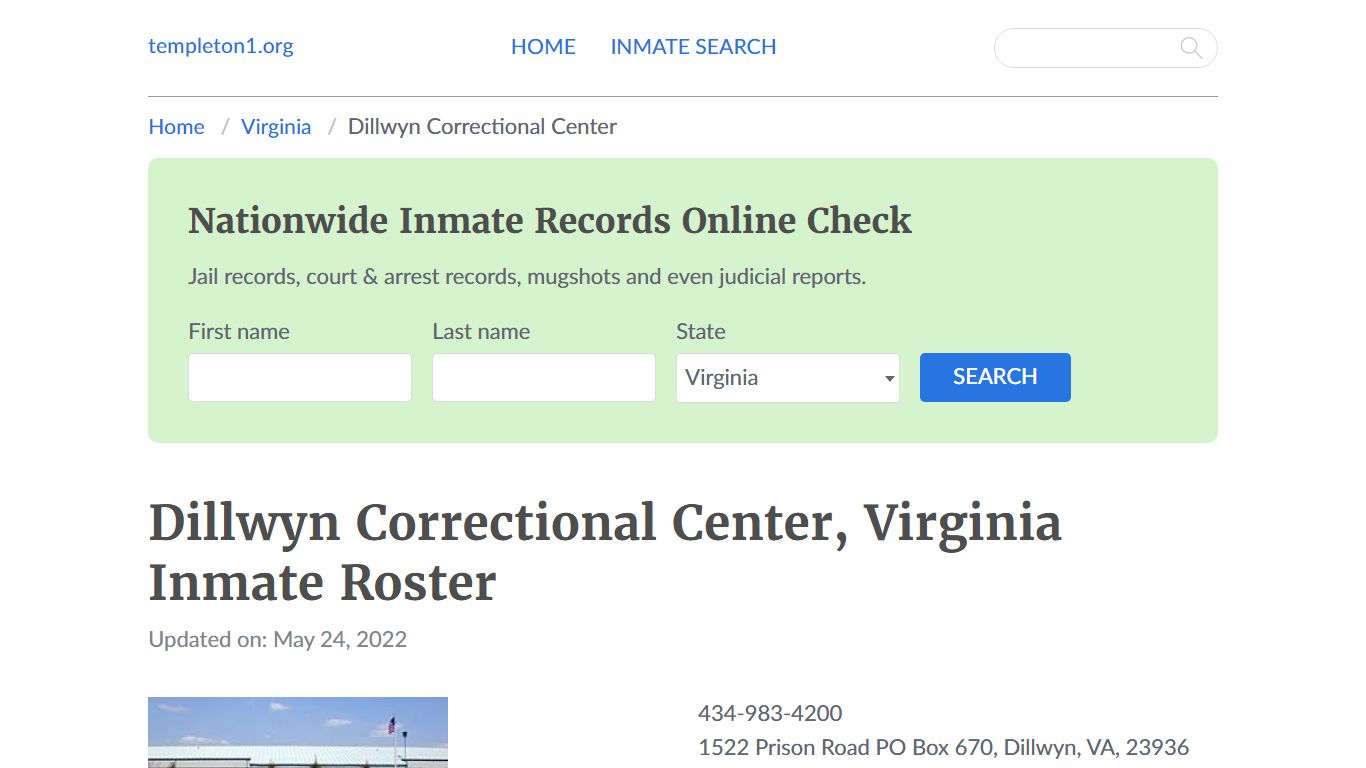 Dillwyn Correctional Center, Virginia Inmate Booking